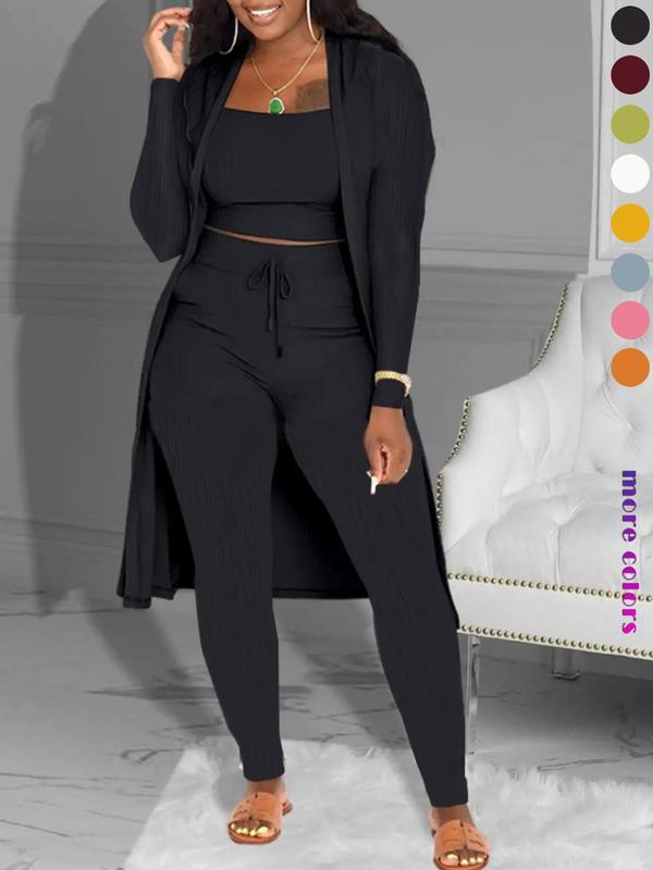 Women's Plain Co-ord Set, Long Sleeve Open Front Cardigan & Crop Cami Top & Tie Front High Waist Leggings Two Piece Set,  Matching Sets,  Fall Outfits 2024 Sets, Casual Fashion Clothes Set for Fall, Workout Sets Women