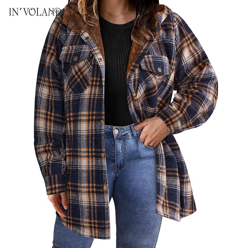 Holiday haul IN'VOLAND Plus Size Women Flannel Plaid Shacket Jacket Long Sleeve Button Down Fleece Hooded Jackets Fall Winter Coat Casual Cotton Fabric Womenswear Basic Bodycon
