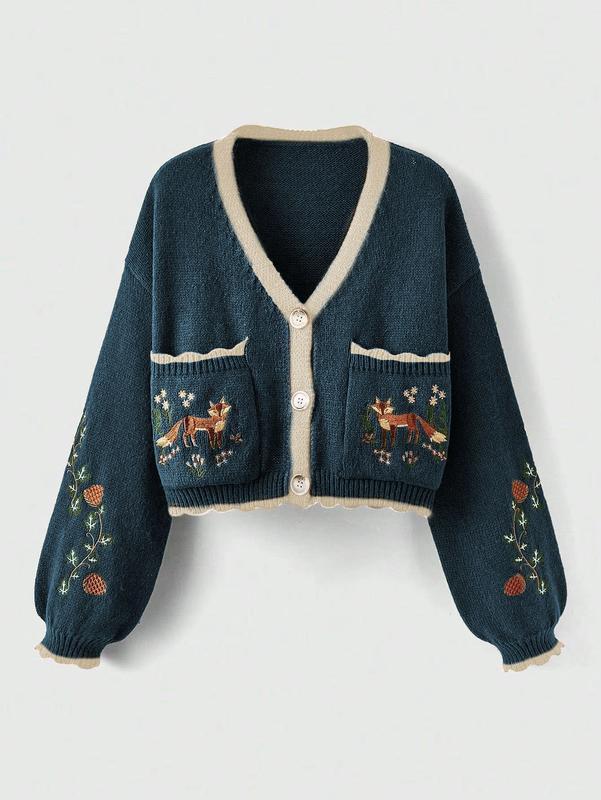 ROMWE Fairycore Flower&Fox Embroidery Patchwork Border Cardigan