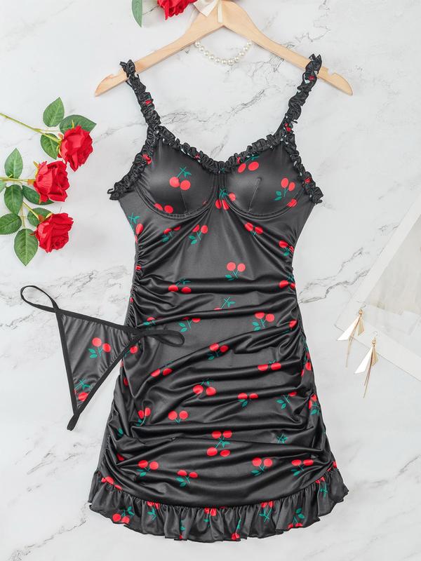 Two-piece Set Women's Cherry Print Frill Trim Ruched Cami Nightdress & Thong  Pajama Set, Adjustable Spaghetti Strap Nightgown & Panty, Women's Sleepwear for All Seasons