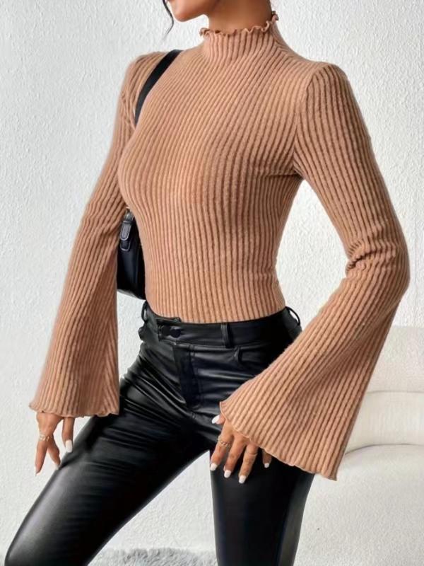 Women's Solid Flounce Sleeve Mock Neck Bodysuit, Casual Long Sleeve Bodysuit for Fall & Winter, Women's Clothes for Daily Wear