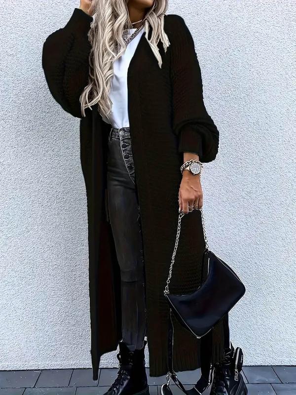 Women's Solid Color Split Hem Drop Shoulder Long Cardigan, Casual Open Front Long Sleeve Knitwear for Fall & Winter, Women's Knit Clothing for Daily Wear