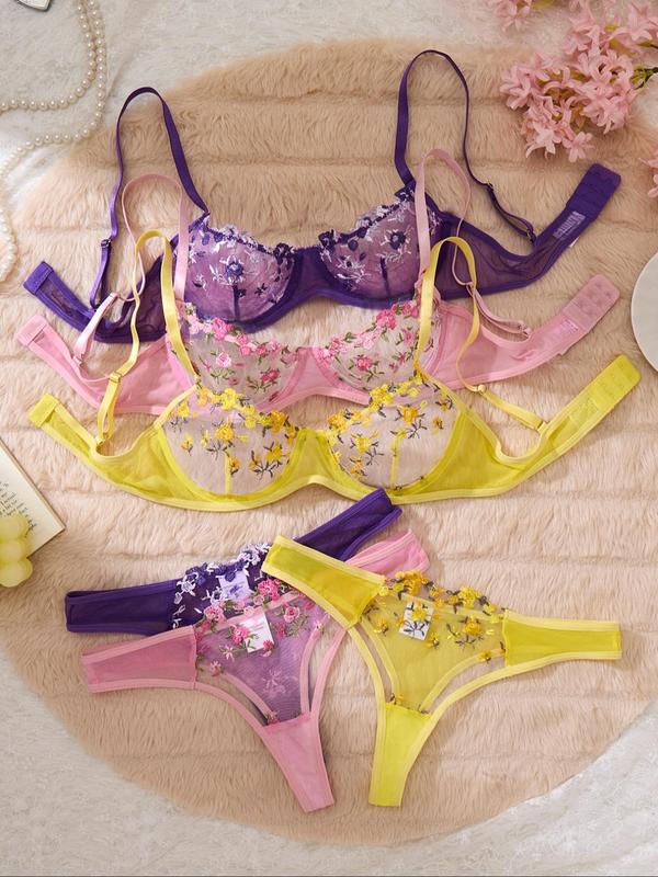 Women's Floral Lace Contrast Mesh Bra & Thong Set, Sexy Comfy Breathable Bra & Panty Set for Daily Wear, Lingerie Set for Women