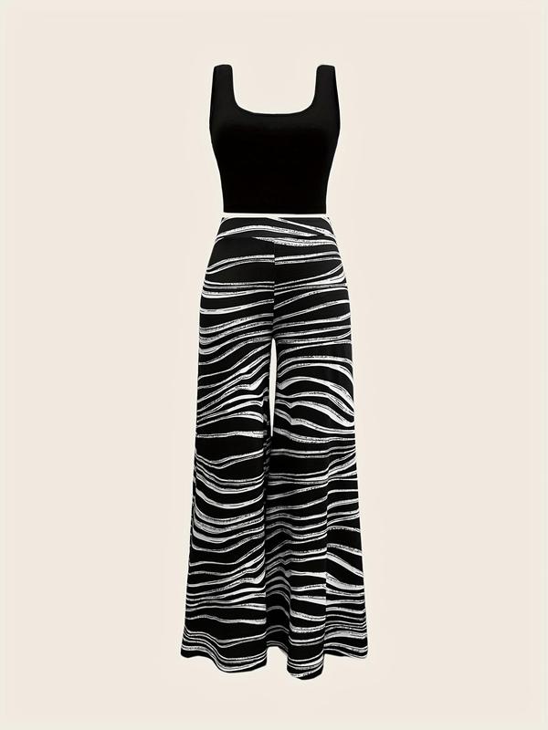 Women's Leopard Print Pants Set, Casual Scoop Neck Crop Tank Top & Random & High Waist Wide Leg Pants, Ladies Summer Clothes