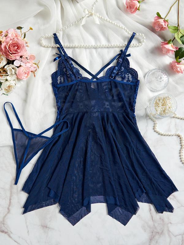 Plus Size Contrast Lace Bow Decor Mesh Sexy Costumes Two-Piece Set, Adjustable Strap Asymmetrical Hem Scallop Trim Nightgown & Thong Set, Women's Sleepwear Set for All Seasons