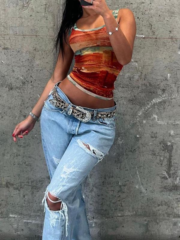 Women's Landscape Print Contrast Binding Crop Tank Top, Street Fashion Casual Sleeveless Round Neck Top for Daily Outdoor Wear, Ladies Clothes for Summer