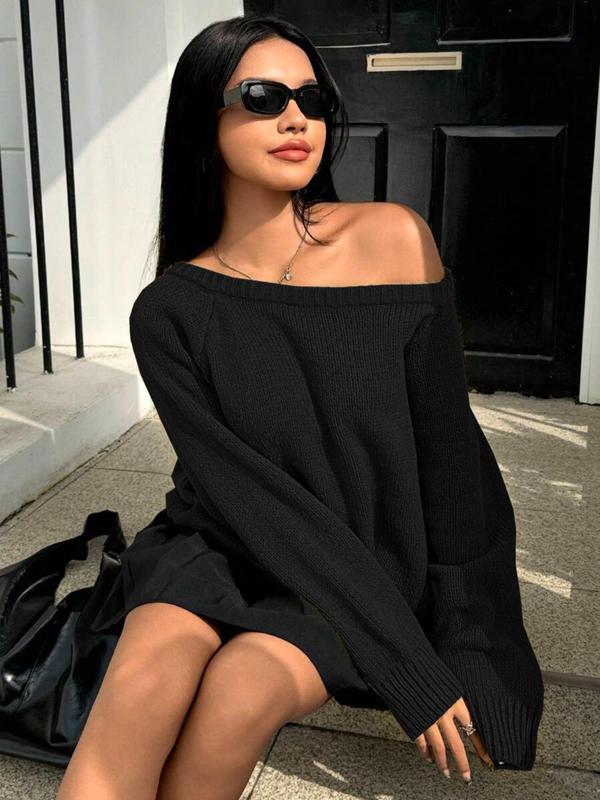 Women's Solid Raglan Sleeve Boat Neck Sweater, Casual Long Sleeve Jumper for Fall & Winter, Fashion Ladies' Knitwear for Daily Wear, Fall Sweaters, Sweater for Women
