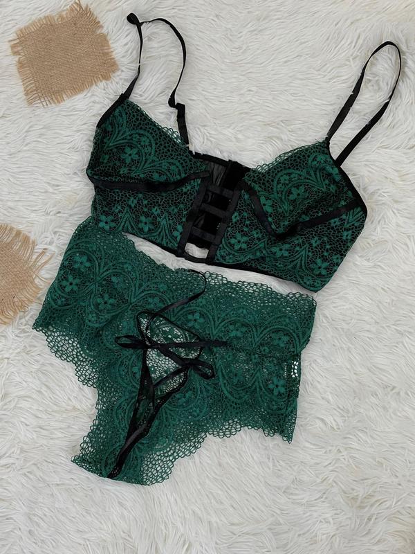 Women's Floral Lace Sheer Bra & Panty Two-Piece Set, Adjustable Strap Cut Out Lingerie Set, Soft Comfy Breathable Lingerie Set for Women
