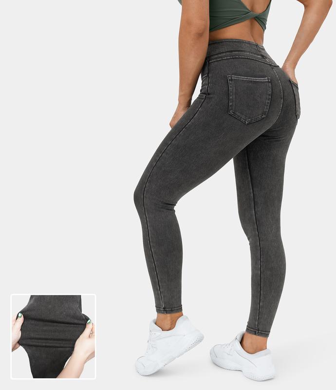 Halara Flex High Waisted Back Side Pocket Stretchy Knit Denim Casual Leggings