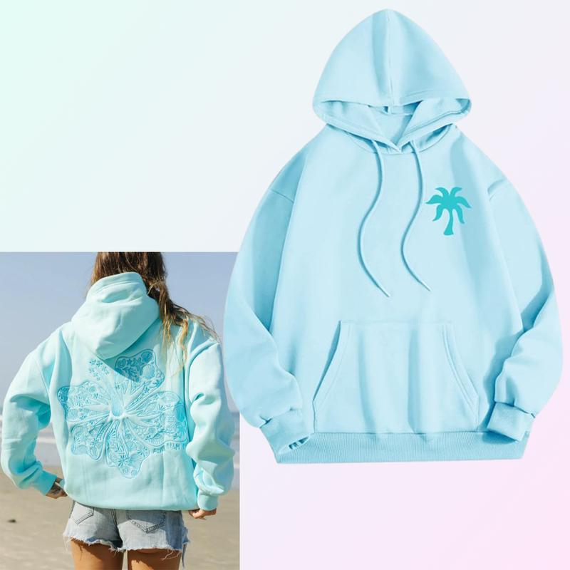 Womens Pink Palm Puff Hawaiian Hibiscus Aquamarine Hoodie with Pockets Lightweight Hooded Sweatshirt Warm Street Print Hoodie Cute Hoodie Hip Hoodie Teen Girls Y2k Hoodie
