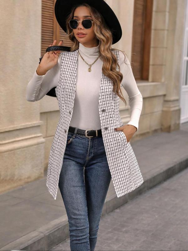 Women's Plaid Print Button Pocket V Neck Suit Vest, Casual Sleeveless Open Front Outerwear for Spring & Fall, Coats for Winter Women 2024, Ladies Clothes for Daily Wear