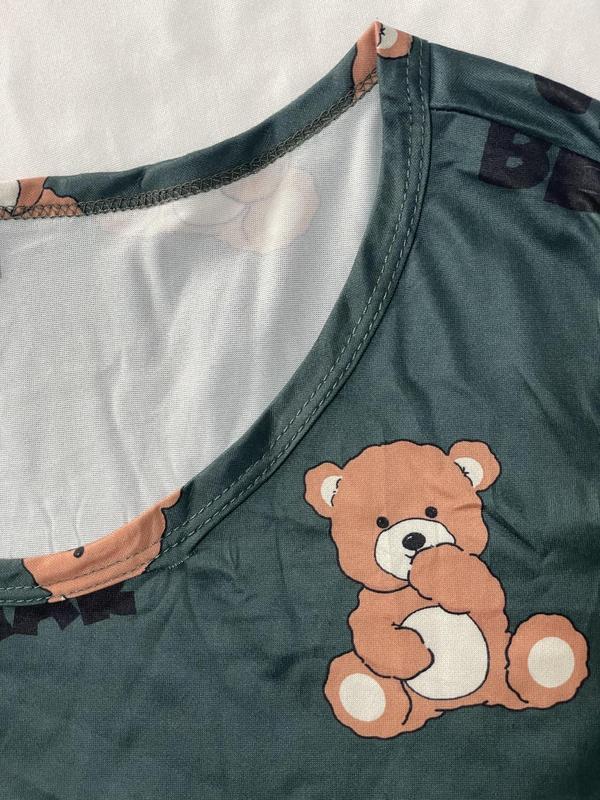 Plus Size Cartoon Bear & Letter Print Drop Shoulder Nightdress, Casual Soft Comfortable Round Neck Short Sleeve Nightgown For Women, Women's Sleepwear For All Seasons
