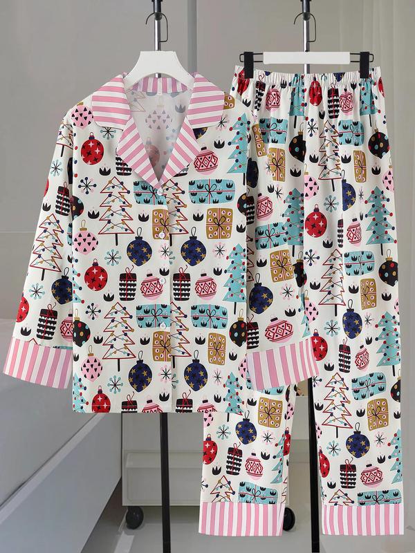 @ShopwithJulie Collection Women's Christmas Patchwork Print Lapel Neck Pajama, Casual Comfy Long Sleeve Button Up Top & Elastic Waist Pants PJ Set, Ladies Sleepwear for Spring & Fall, Pajama Pants at Gym