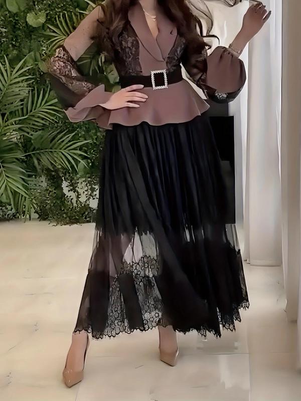 Plus Size Contrast Lace Sheer Tulle A Line Skirt, Elegant Fashion High Waist Long Skirt for Party Dating Outdoor Wear, Girls Skirt, Women Plus Clothing for Spring & Fall