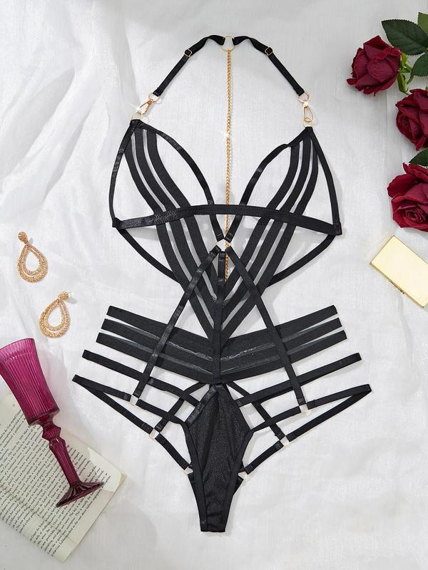 Women's Chain Decor Backless Sexy Lingerie Bodysuit, Solid Color Cut Out One-piece Lingerie, Fashion Comfy Women's Underwear for All Seasons