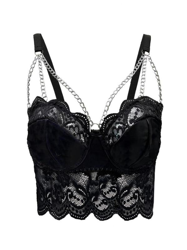  Chain Decor Scallop Trim Lace Bra, Casual Spaghetti Strap Backless Bra for Daily Wear, Women's Plus Size Lingerie for All Seasons