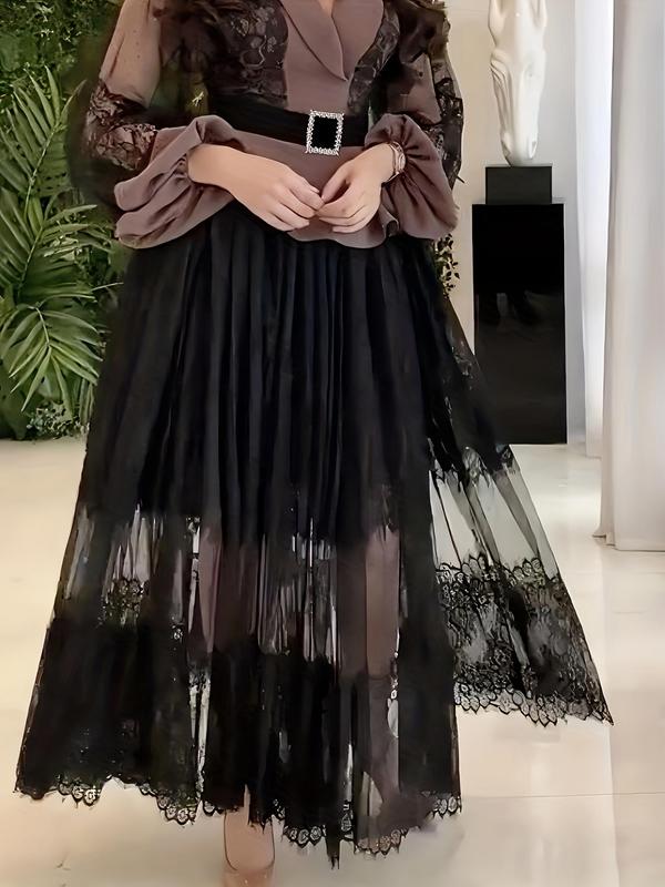 Plus Size Contrast Lace Sheer Tulle A Line Skirt, Elegant Fashion High Waist Long Skirt for Party Dating Outdoor Wear, Girls Skirt, Women Plus Clothing for Spring & Fall