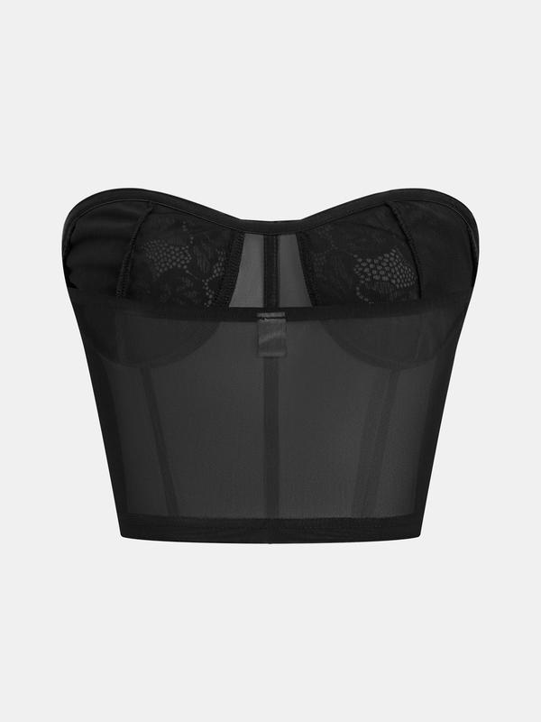 YOZY Women's Contrast Lace Sheer Crop Tube Top, Elegant Fashion Casual Sleeveless Strapless Top for Daily Outdoor Wear, Ladies Clothes for All Seasons