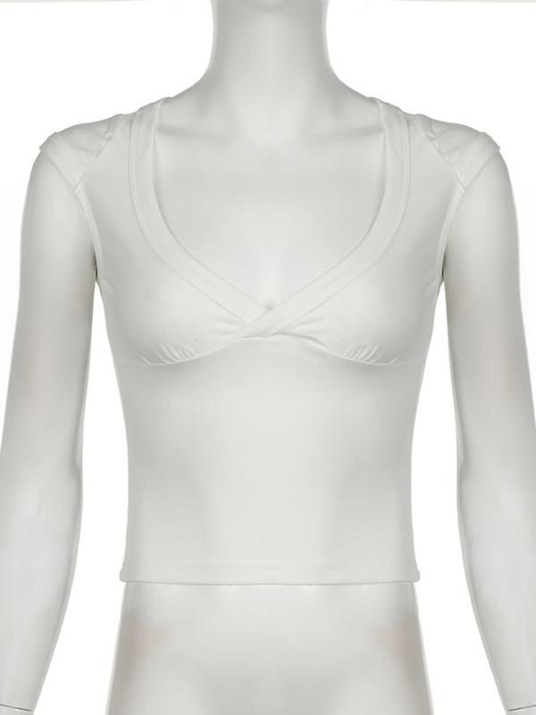 Women's Plain Wrap Deep V Neck Crop Tee, Casual Cap Sleeve T-Shirt for Summer, Ladies Clothes for Daily Wear