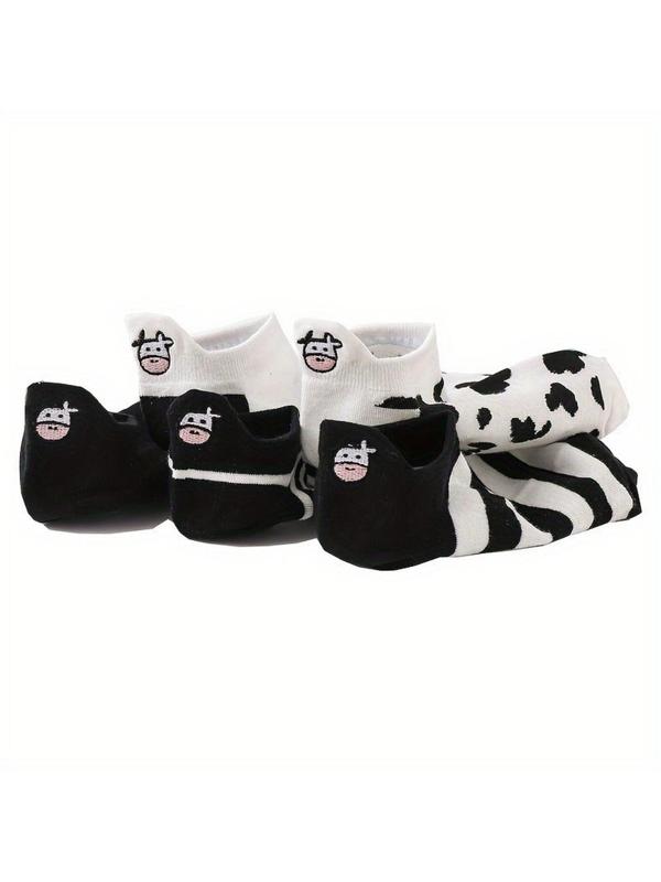 Women's 5 Pairs Cartoon Cow Print Ankle Socks, Summer 2024 Cute Soft Comfy Breathable Low Cut Socks for Daily Wear, Multipack Knit Ankle Socks, Ladies Socks & Hosiery