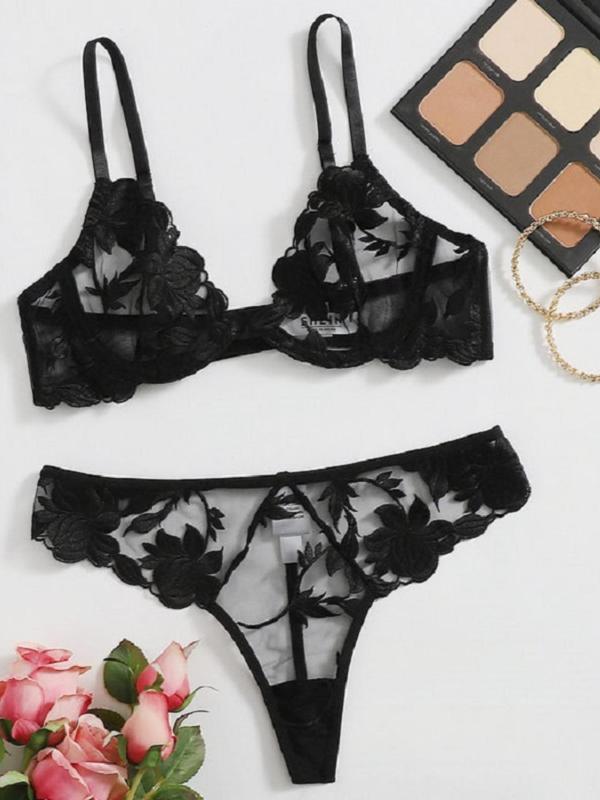Women's 2pcs Floral Embroidery Lingerie Set, Adjustable Spaghetti Strap Bra & Sheer Panty, Women's Lingerie & Underwear for All Seasons