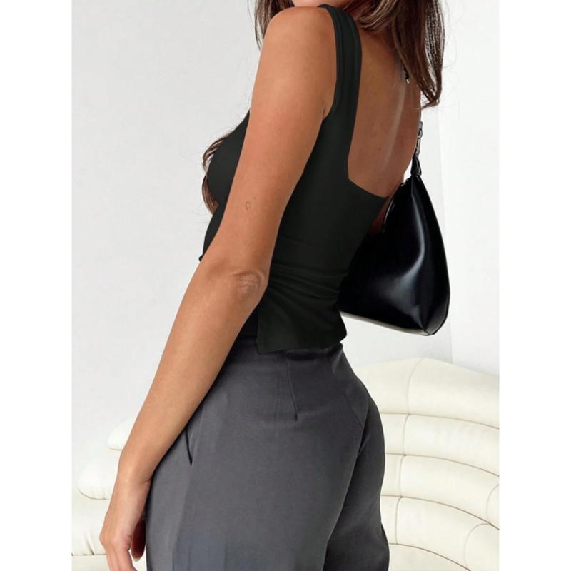 Summer Casual Solid Color Pleated Side Slit Tank Top