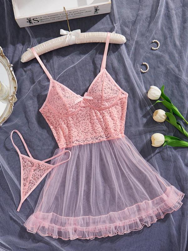 Women's Bow Decor Lace Cami Nightdress & Thong Sexy Lingerie Two-piece Set, Adjustable Spaghetti Strap Backless Sheer Frill Trim Lingerie & Panty Set, Women's Sexy Lingerie & Underwear Set for All Seasons