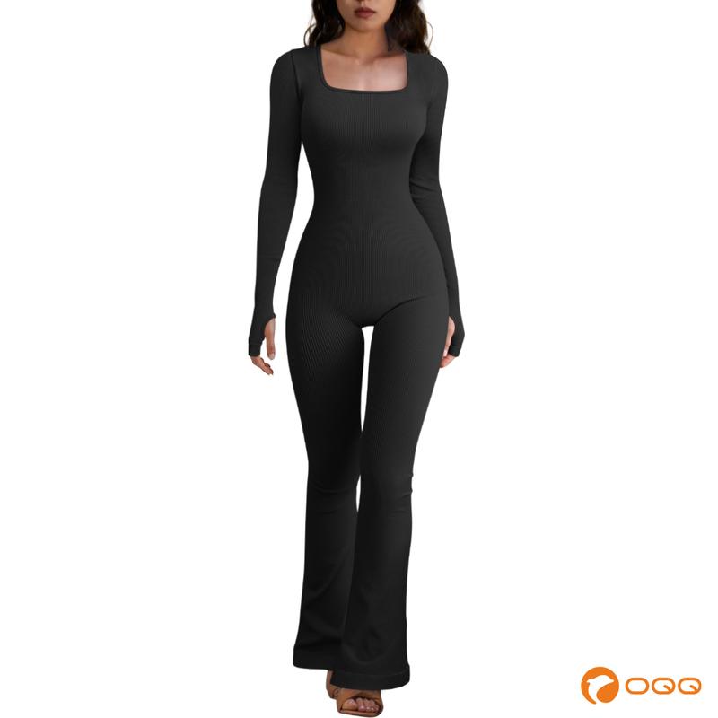 OQQfitness Long Sleeve Comfort Womenswear Overalls Square Neck Ribbed Longsleeves Basic Bell Bottoms Flare Jumpsuits