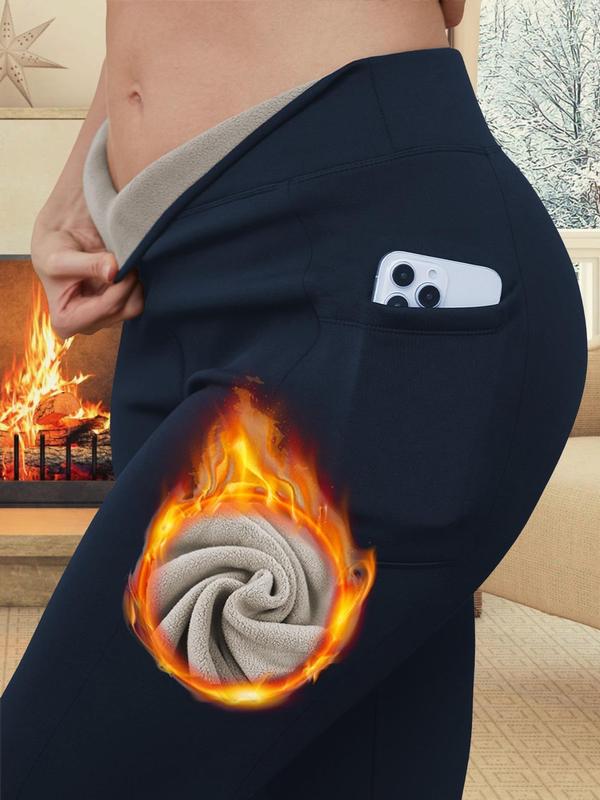  Solid High Waist Pocket Thermal Lined Leggings, Casual Comfy Warm Skinny Pants for Women, Women's Bottoms for Fall & Winter