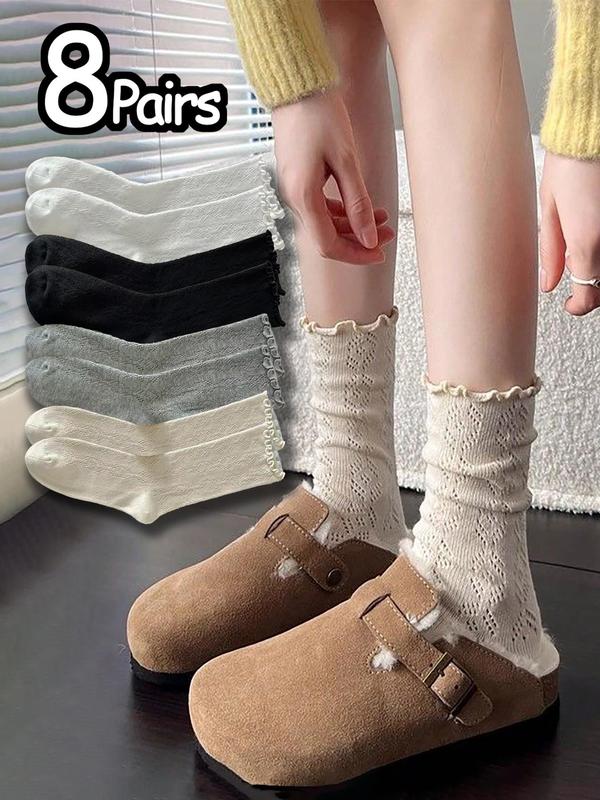Women's Solid Lettuce Trim Crew Socks, Casual Comfy Breathable Mid-calf Socks for Daily Wear, Women's Socks for All Seasons