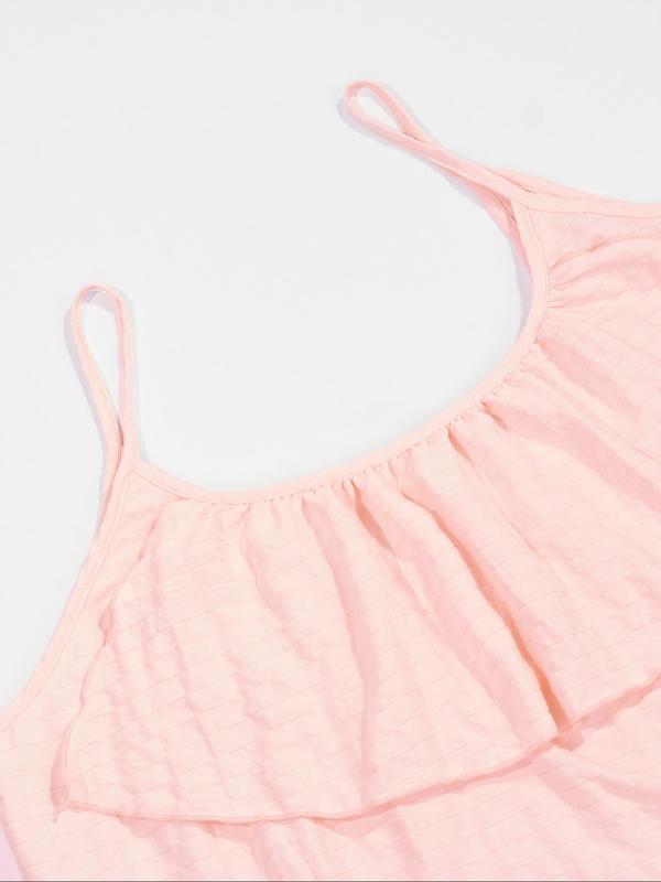  Solid Textured Ruffle Trim Cami Nightdress, Casual Soft Comfortable Spaghetti Strap Nightgown for Women, Women's Sleepwear for All Seasons