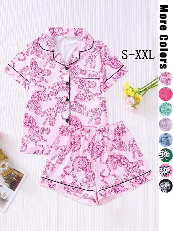 2 Counts Women's Leopard Print Contrast Binding Pocket Lapel Shirt & Elastic Waist Shorts Pajama Sets, Comfy Button Front Short Sleeve Top & Cheetah Print Shorts Pj Sets for Women, Summer Wear 2024, Ladies Sleepwear, Pj Pants