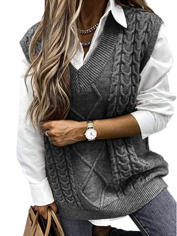 Women's Solid V Neck Cable Knit Vest Sweater, Casual Sleeveless Jumper Vest for Fall & Winter, Fashion Ladies' Knitwear for Daily Wear