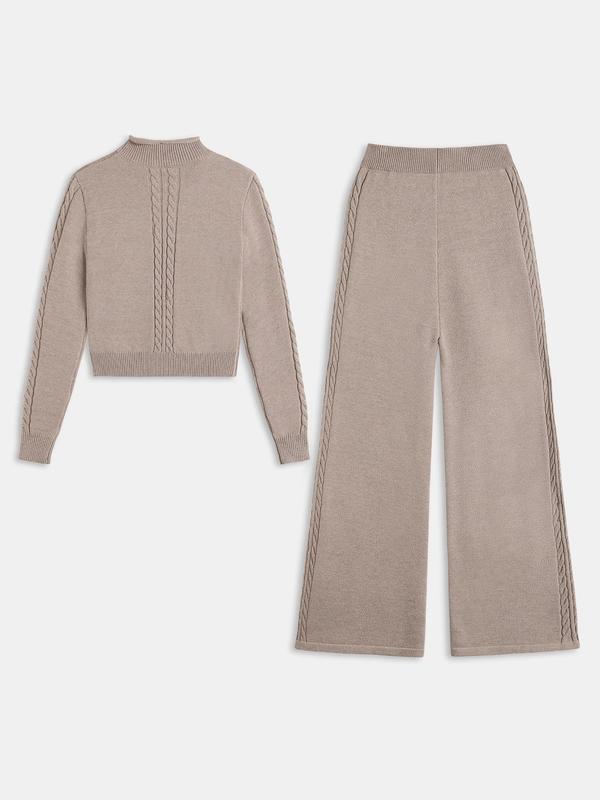 YOZY Women's Solid Color Twist Textured Sweater & Drawstring Waist Pants Two-piece Set, Casual Long Sleeve High Neck Top & Trousers Two Piece Set for Fall & Winter, Women's Clothes for Daily Wear