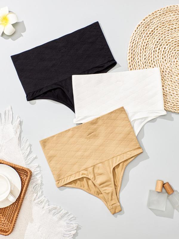 Plus Size 3pcs Plain Wide Waist Band Tummy Control Shapewear Thongs, Plus Solid Color Seamless High Stretch Belly Shaping Panties, Women's Plus Underwear & Shapewear