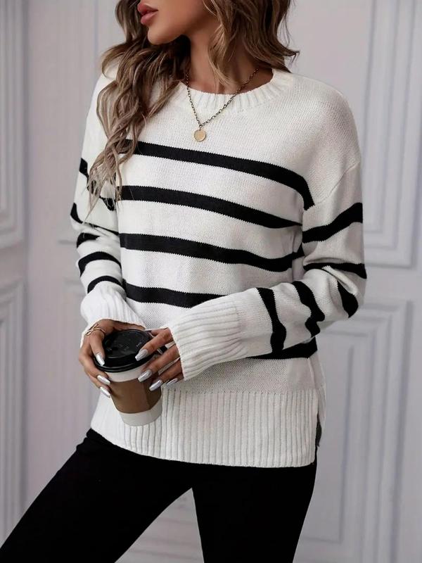 Women's Colorblock Striped Print Drop Shoulder Sweater Pullover, Casual Long Sleeve Round Neck Jumper for Fall & Winter, Fashion Ladies' Knitwear for Daily Wear