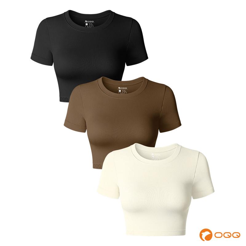 OQQ-Nine cents Women's 3 Piece Crop Top Ribbed Seamless Workout Exercise Short Sleeve Round Neck Crop Tops Stretchy Womenswear