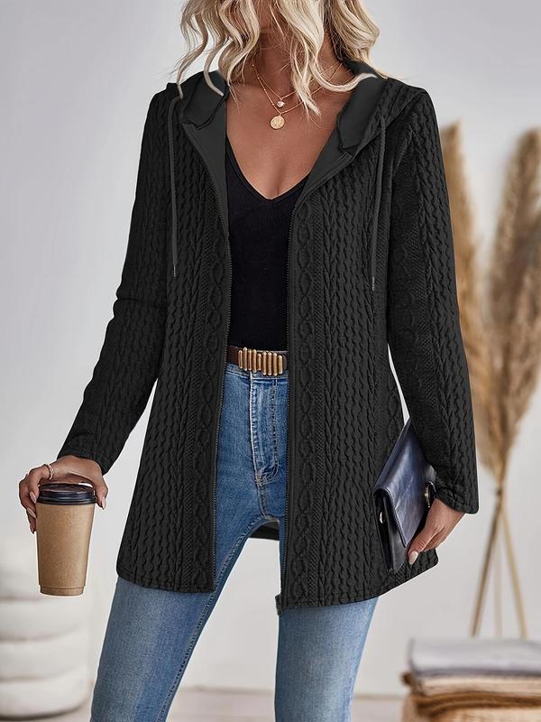 Women's Solid Drawstring Zip Up Hooded Jacket, Casual Long Sleeve Outerwear for Daily Wear, Ladies Clothes for All Seasons
