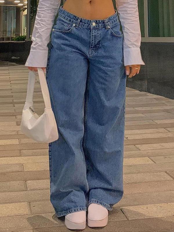 Women's Plain Button Fly Drop Waist Wide Leg Jeans, Y2K Retro Pocket Denim Trousers for Daily Wear, Ladies Bottoms for Fall & Winter