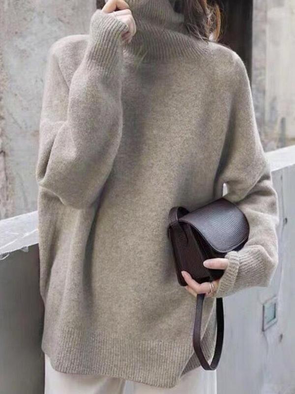 Women's Solid Raglan Sleeve Sweater, Casual Long Sleeve High Neck Jumper for Fall & Winter, Fashion Ladies' Knitwear for Daily Wear
