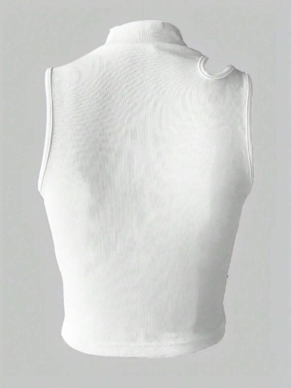Women's Plain Cut Out Mock Neck Crop Tank Top, Casual Comfort Basic Minimalist Sleeveless Cropped Top for Summer, Back To School Clothes, Lady's Top for Daily Wear, Womenswear, 90s Clothes
