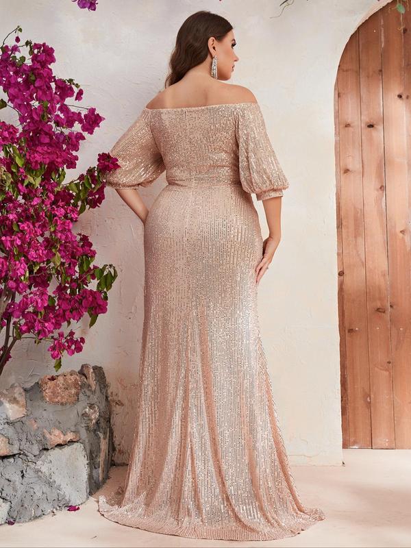 Plus Size Glitter Sequin Off Shoulder Ruched Mermaid Dress  for Christmas, Dress for Women, Elegant Lantern Sleeve Maxi Evening Party Gown, Dresses for Summer, Women's Summer Clothes