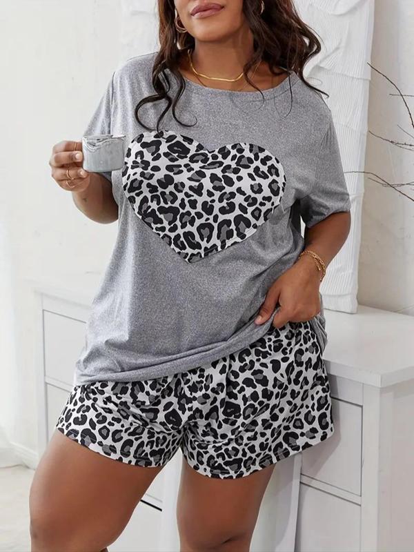  Women's Leopard Heart Print Loungewear Set, Short Sleeve T-shirt & Elastic Waist Shorts Pj Set,  Two Piece Set Women Women's Clothing, Pajama Sets Women, Summer Wear 2024 for Back To School
