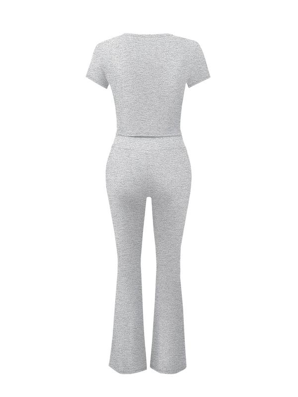Women's Solid Crop Tee & Flare Leg Pants Set, Casual Fashion Cozy Round Neck Short Sleeve Top & Bell Bottom Trousers for Daily Outdoor Wear, Women's Clothing for Summer, Girl Clothes