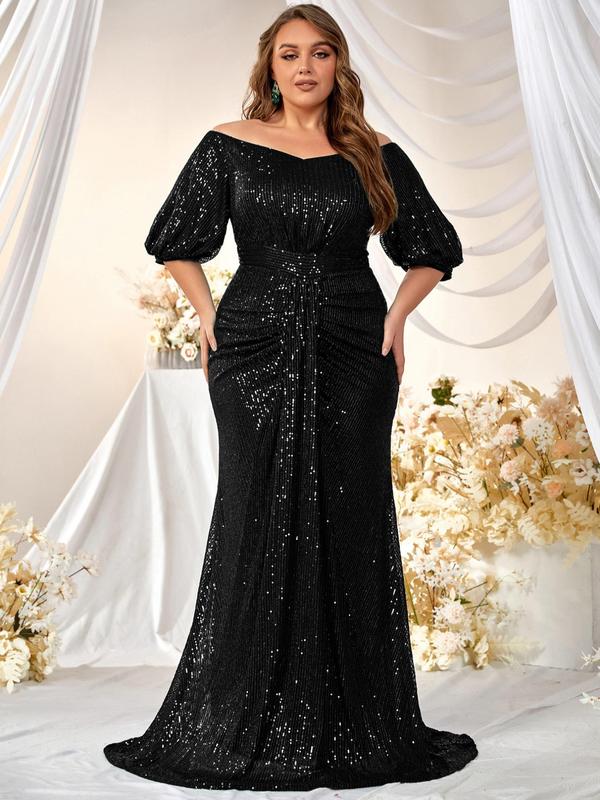 Plus Size Glitter Sequin Off Shoulder Ruched Mermaid Dress  for Christmas, Dress for Women, Elegant Lantern Sleeve Maxi Evening Party Gown, Dresses for Summer, Women's Summer Clothes