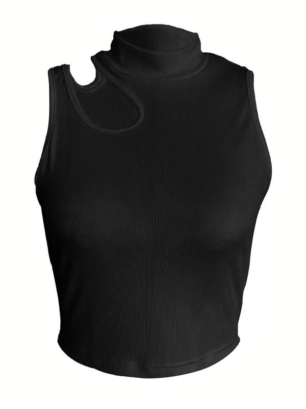 Women's Plain Cut Out Mock Neck Crop Tank Top, Casual Comfort Basic Minimalist Sleeveless Cropped Top for Summer, Back To School Clothes, Lady's Top for Daily Wear, Womenswear, 90s Clothes