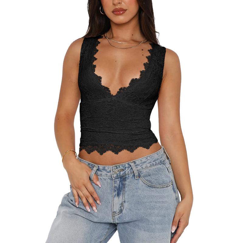 REORIA Womens Sexy V-Neck Sleeveless Double Lined Going Out Y2K Trendy Lace Cropped Tank Tops Womenswear Tube