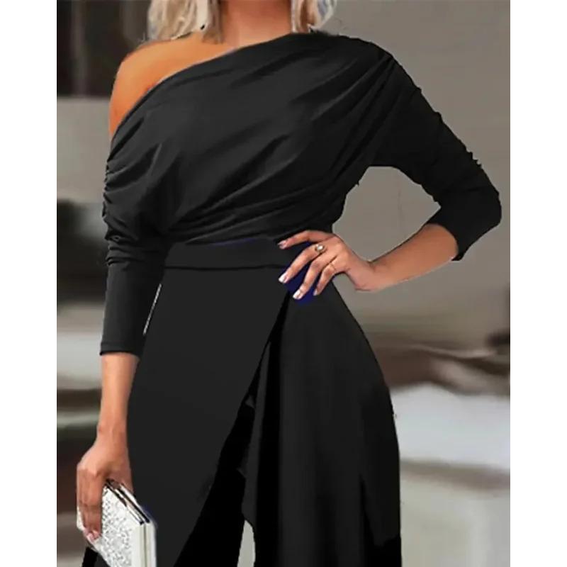 2023 Spring Jumpsuits for Women Plain Elegant Office Lady Loose Ruched One Shoulder Split Hem Wide Leg Jumpsuit Hip Overalls