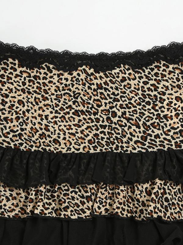 Women's Leopard Contrast Lace Tiered Layer Skirt, Vintage Fashion Casual Mini Skirt for Daily Outdoor Wear, Women Bottoms for Fall & Winter