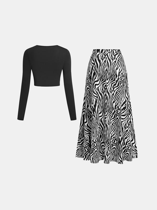 YOZY Christmas Deals, [size 8-18] Crop Top & Leopard Print Skirt Set, Casual Round Neck Long Sleeve Top & High Waist Skirt, 2024 Women's Daily Wear for Spring & Fall, Christmas 2024 Trend, Fall & Winter Outfits